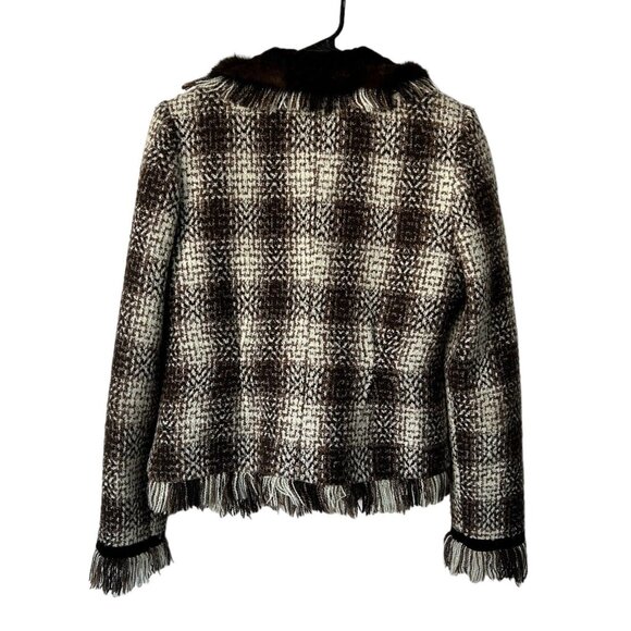 Cache Blazer Velvet/ fur trimmed Dark brown and Ivory Tweed Blazer.sz 8 Vtg - Picture 4 of 11